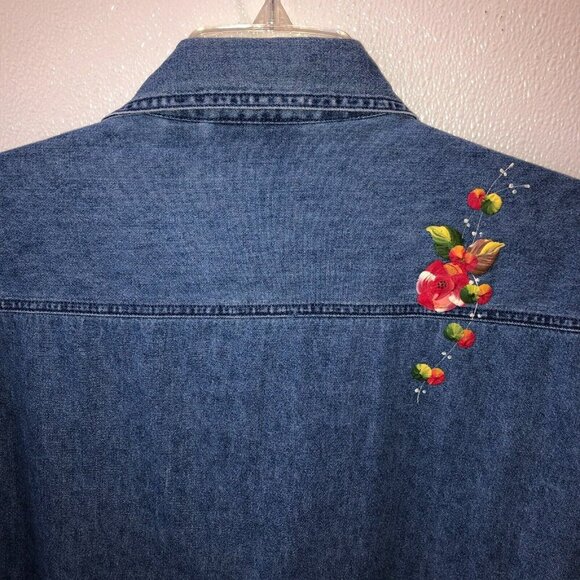 VTG Lasha Large Denim Flower Painted Floral Long Sleeve Button Up Shirt Top Sz L - Picture 7 of 10